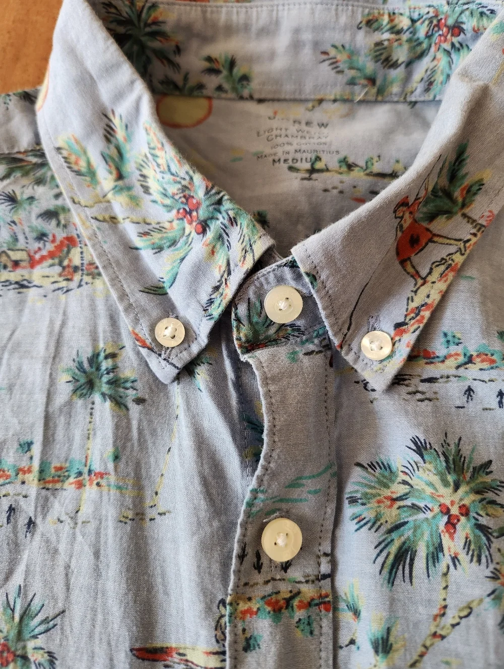 J. Crew Lightweight Light Blue Chambray Shirt with Multicolor Tropical Print M